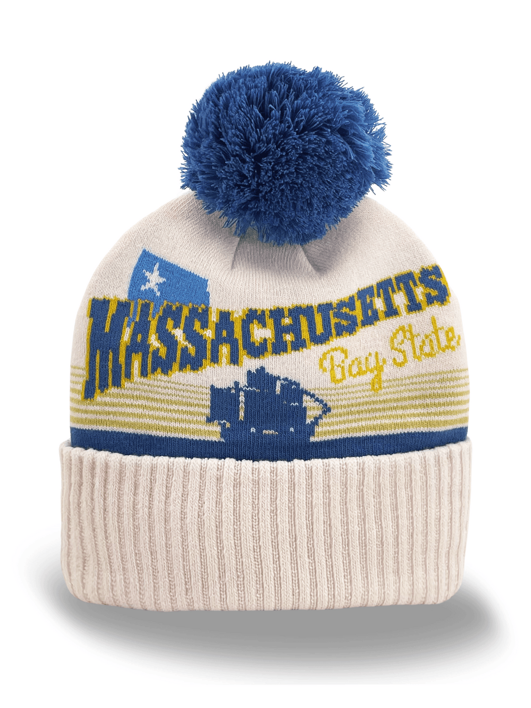 Massachusetts Bay State Knit Beanie Hat with Ship Pattern Winter Pom Pom Cap