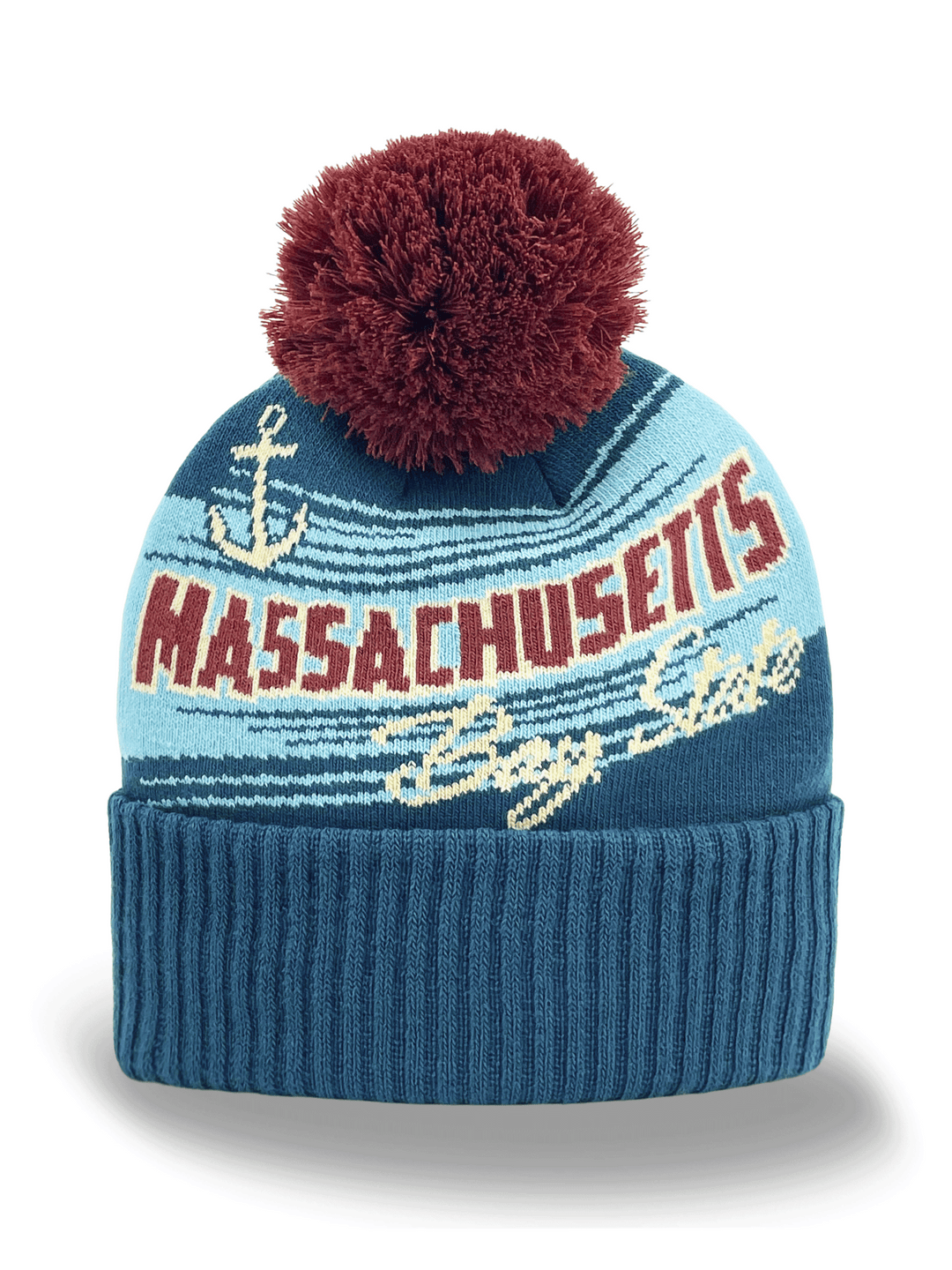 Massachusetts Bay State Knit Beanie Hat with Pom Pom, Anchor, and Striped Design