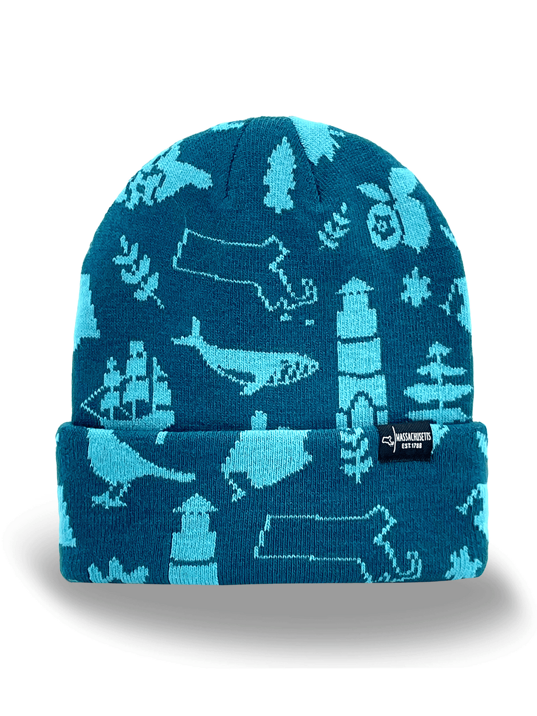 Massachusetts State Knit Beanie Hat with Lighthouse, Whale, Ship, and Coastal Icons
