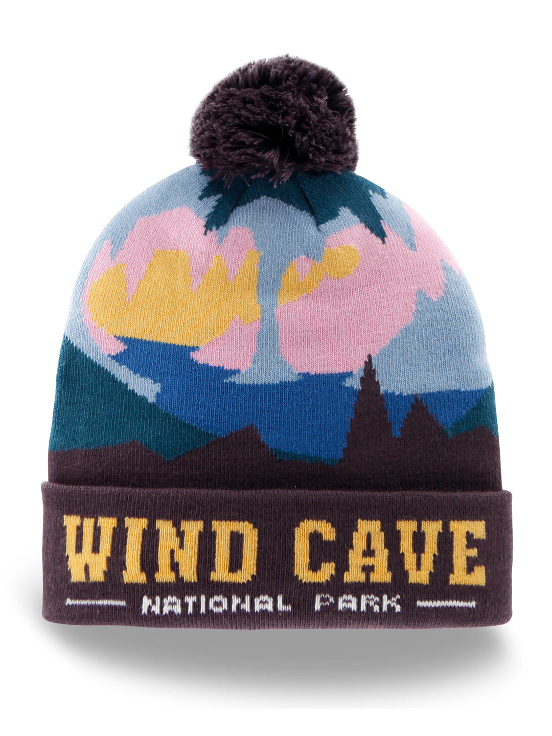 Wind Cave National Park Beanie Hat with Mountain Sunset Knit Pom Pom