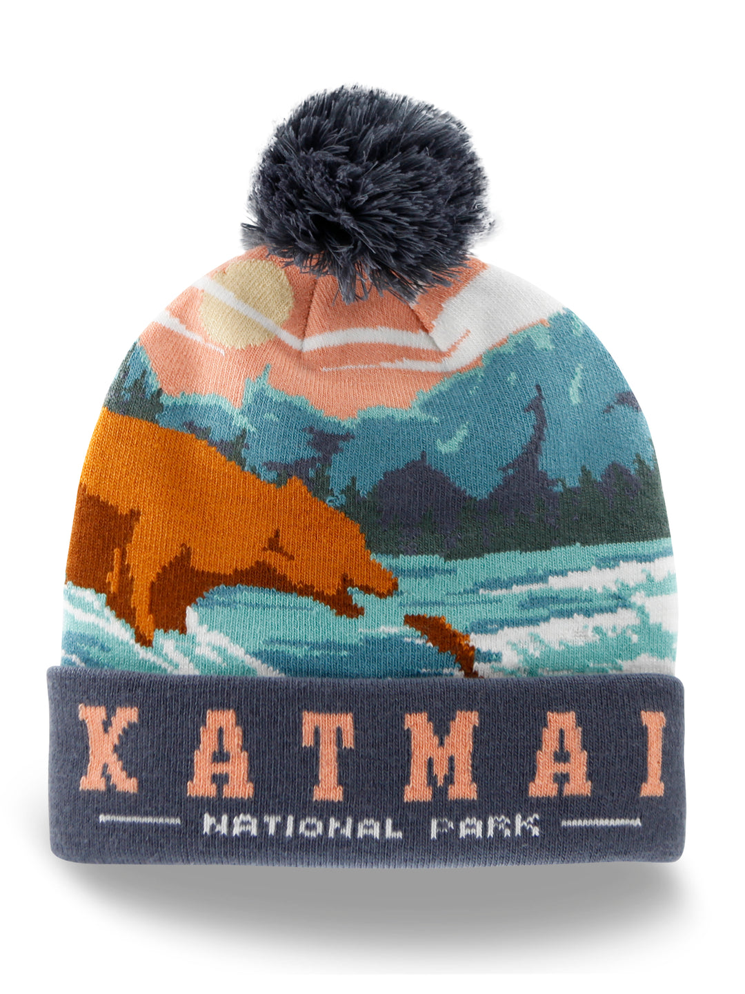 Katmai National Park Beanie Hat Winter Knit Pom Cap Bear Salmon River Souvenir