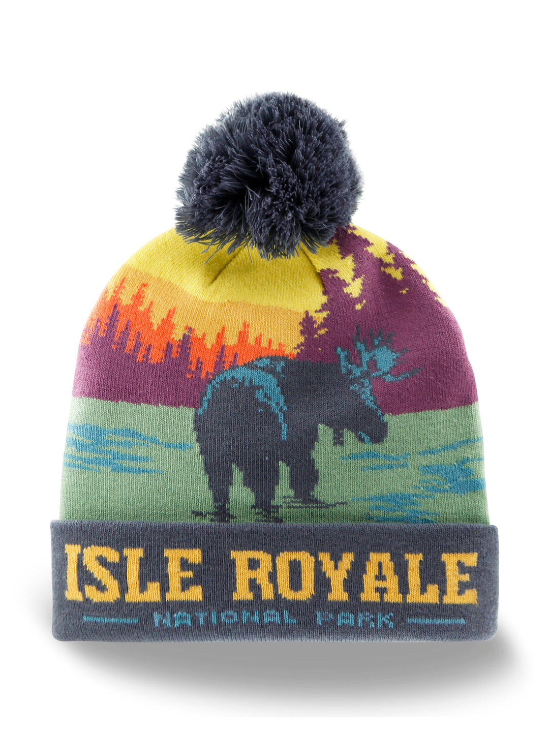 Isle Royale National Park Beanie Hat with Moose Forest Sunset Pom