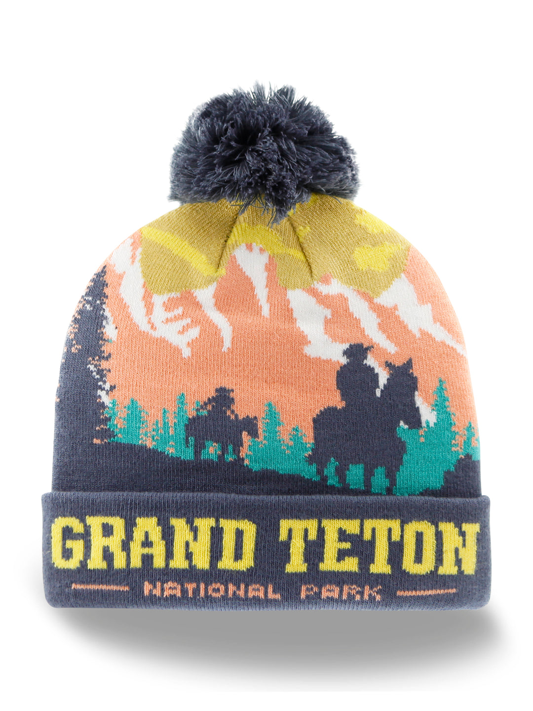 Grand Teton National Park Beanie Hat with Cowboy Sunset Pom Winter Hiking Gift