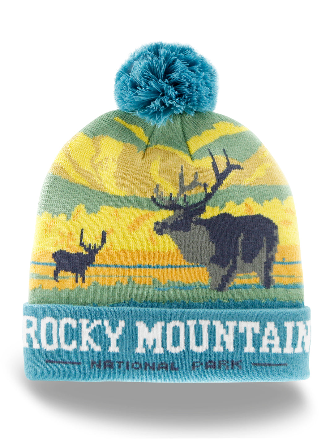 Rocky Mountain National Park Beanie Hat with Elk Sunset Design Winter Pom