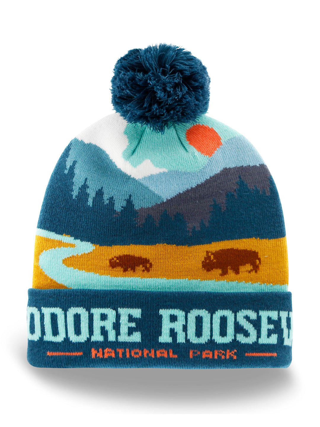 Theodore Roosevelt National Park Beanie Hat with Bison River Sunset Knit Pom Cap