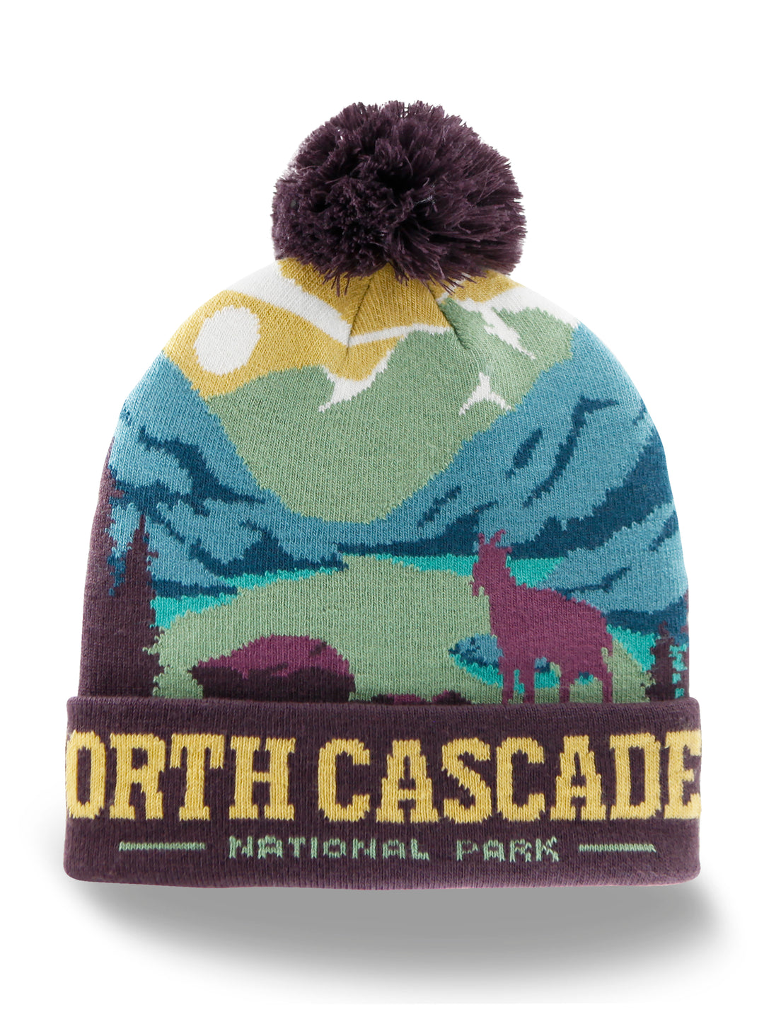 North Cascades National Park Beanie Hat Outdoor Hiking Knit Cap with Mountain Goat Pom Pom