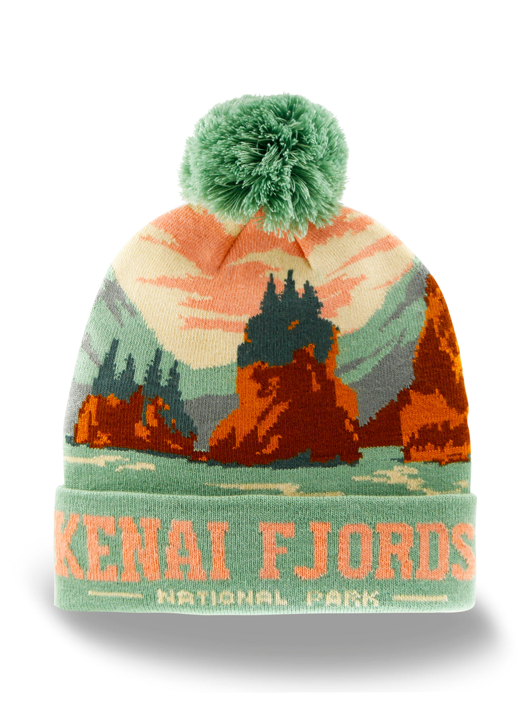 Kenai Fjords National Park Beanie Hat with Coastal Sunset Mountains Knit Pom Winter Cap