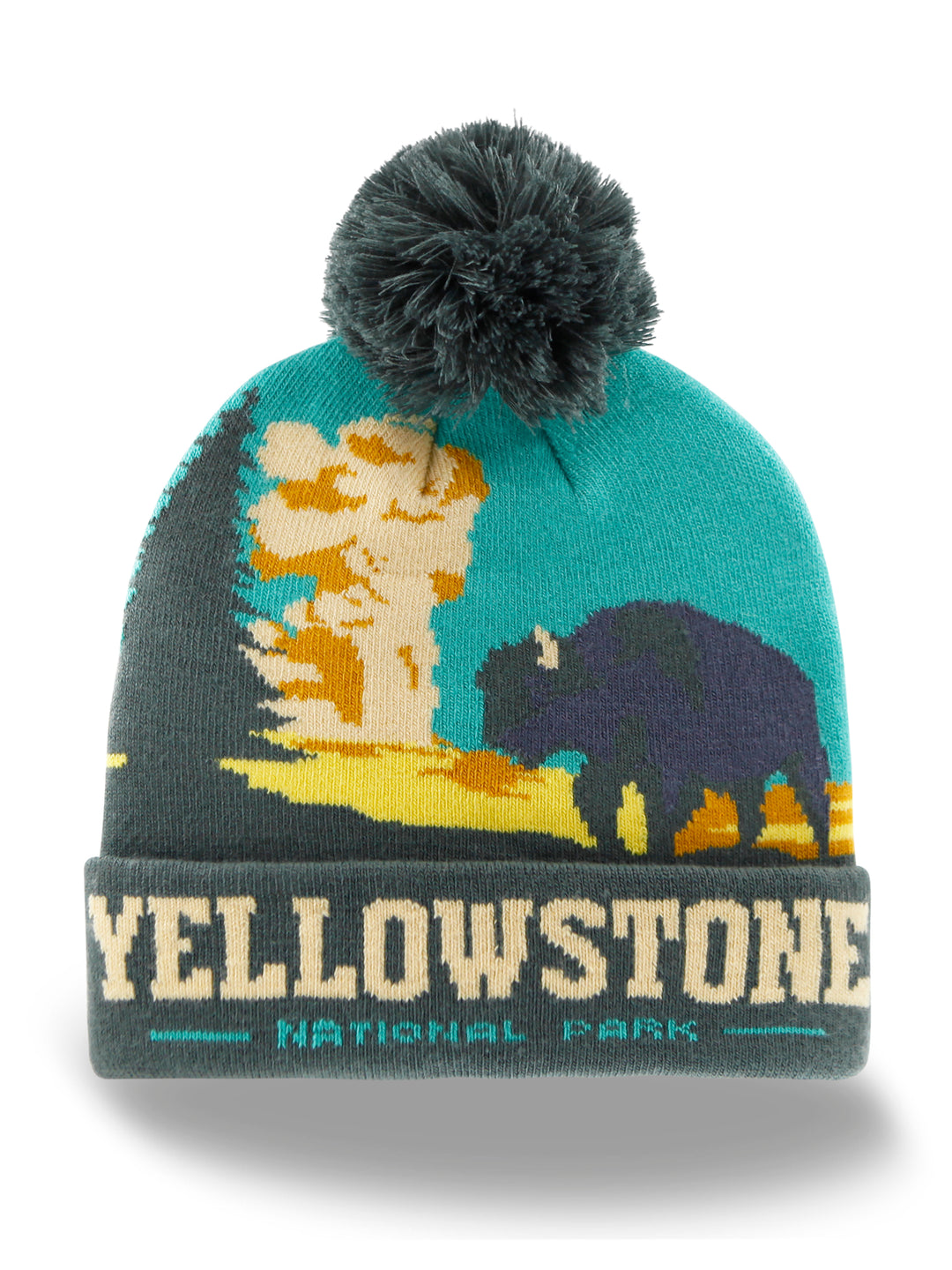 Yellowstone National Park Beanie Hat with Bison Geyser Knit Pom Winter Cap