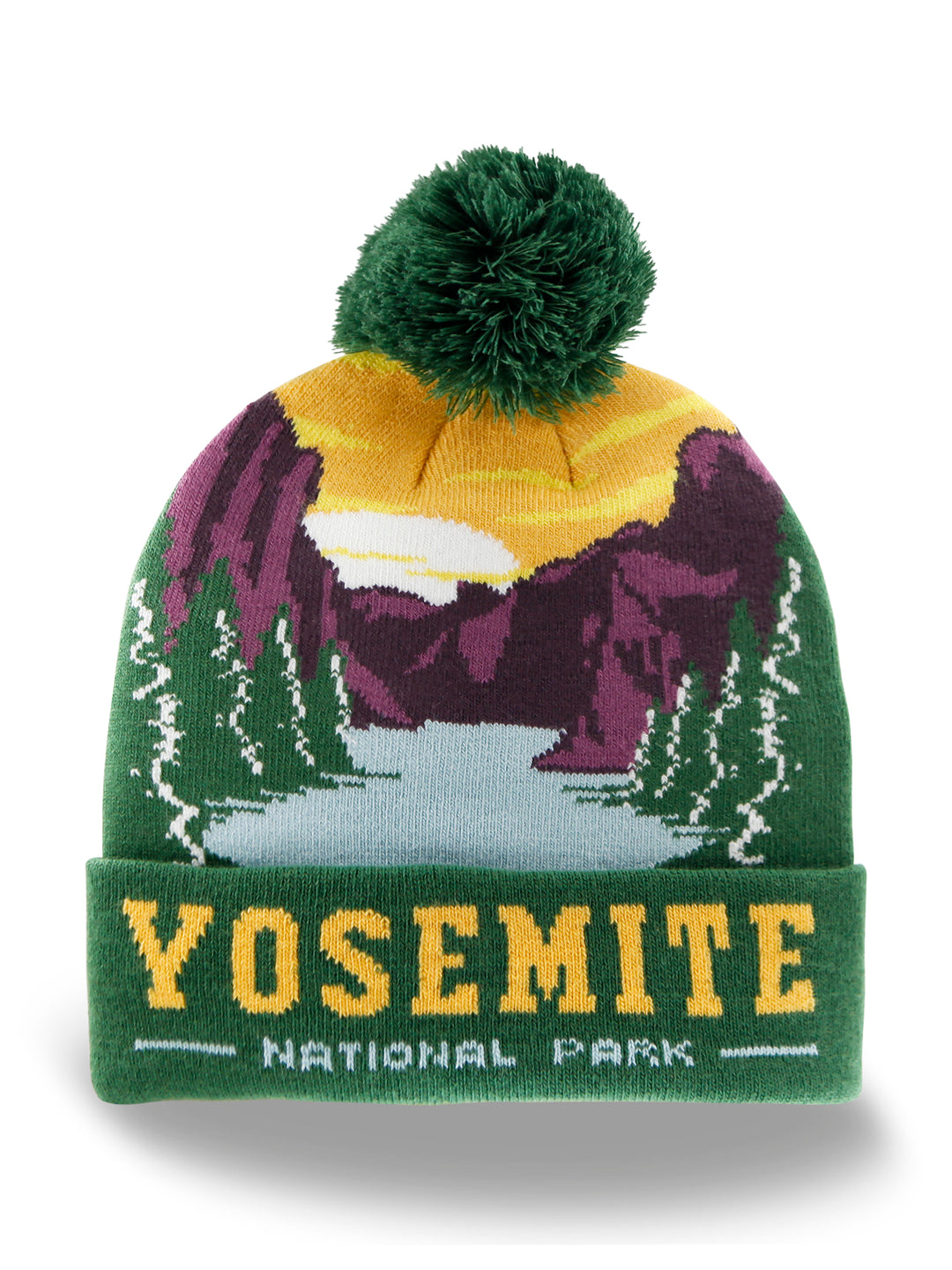 Yosemite National Park Beanie Hat with Valley Sunset Mountains Knit Pom Winter Cap