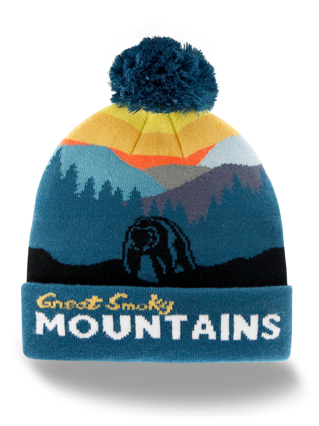 Great Smoky Mountains Beanie with Bear Sunset Forest, Warm Knit Hat for Hiking