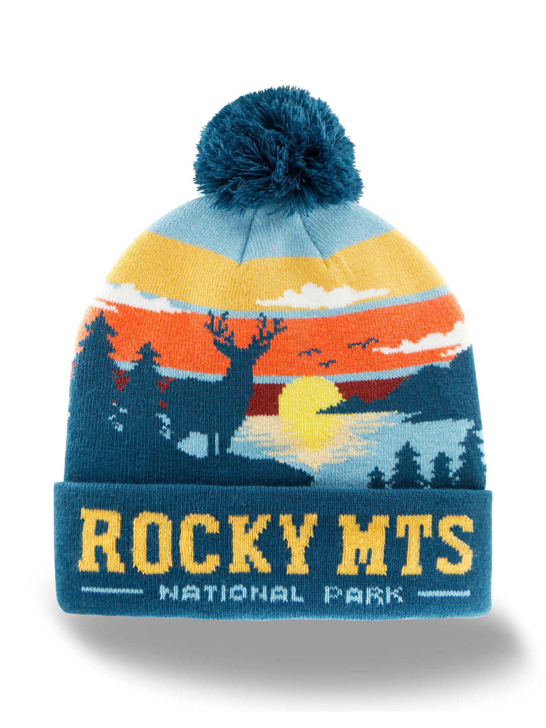 Rocky Mountains National Park Beanie Hat with Sunset Elk Forest Knit Pom Winter Cap
