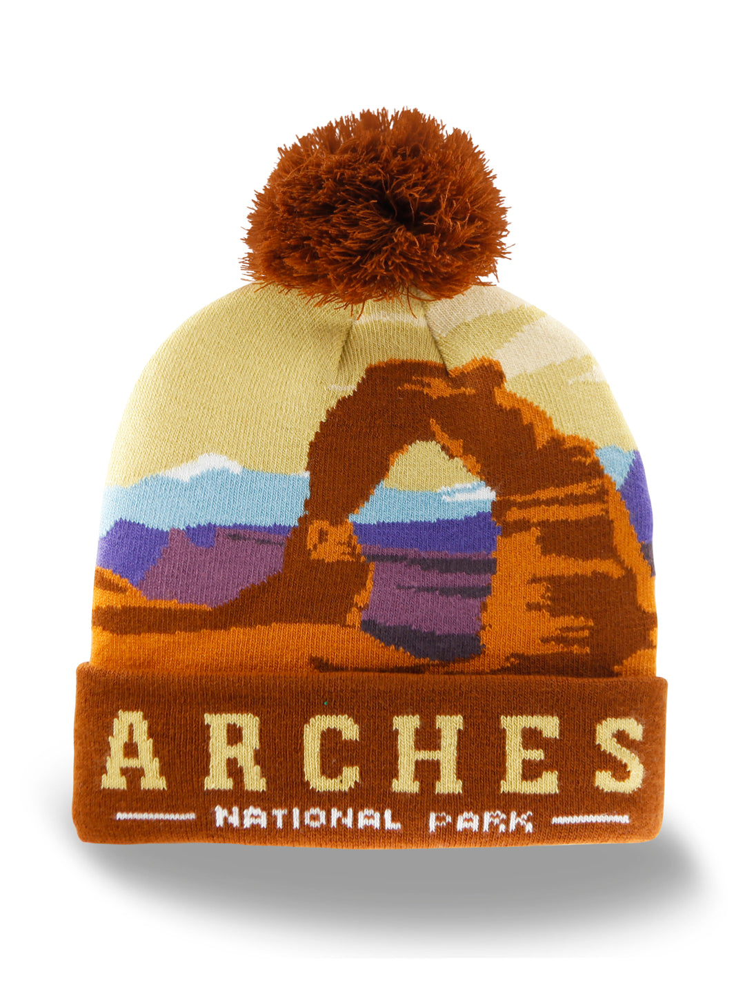 Arches National Park Beanie Hat with Delicate Arch Sunset Knit Pom Winter Cap