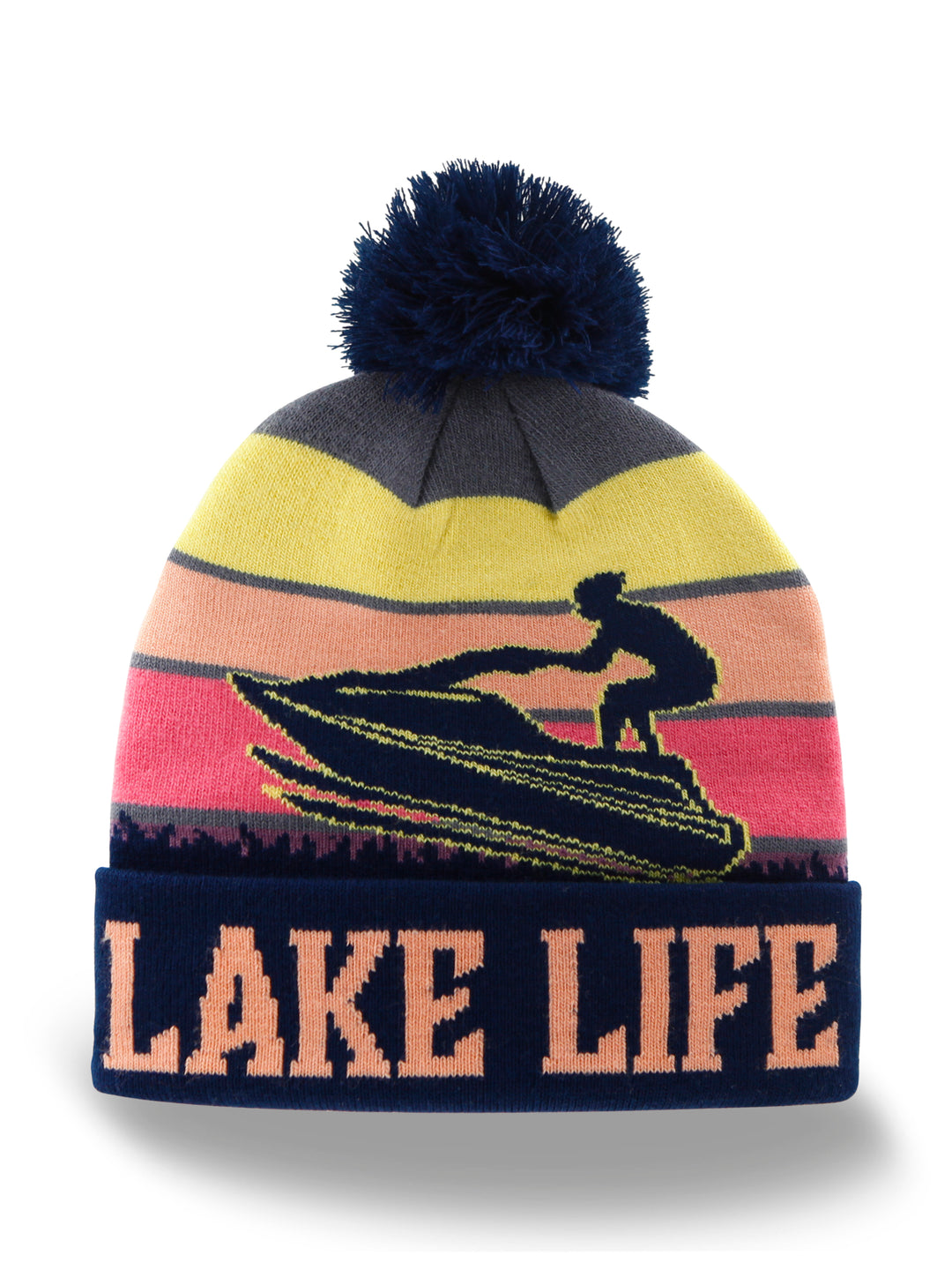 Lake Life Beanie Hat Outdoor Jet Ski Knit Cap with Sunset Lake Pom Pom