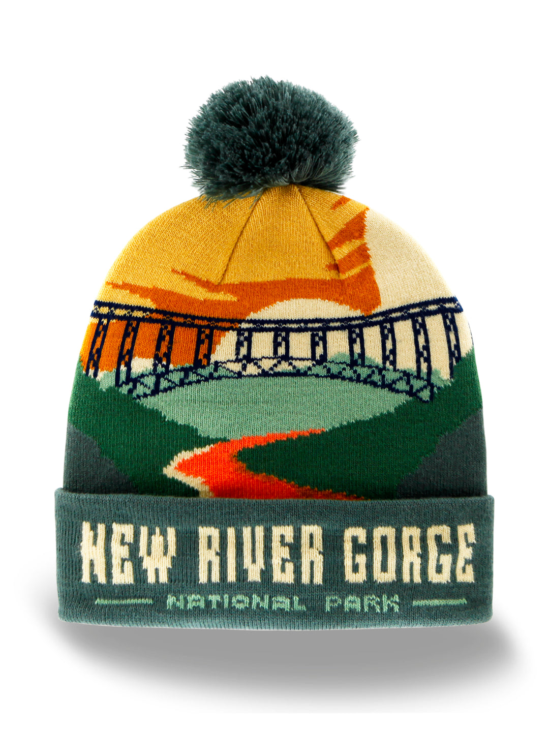 New River Gorge National Park Beanie Hat with Bridge Sunset Knit Pom Winter Cap