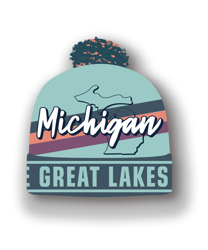 Michigan Knit Beanie Winter Hat with Great Lakes State Design Pom Pom