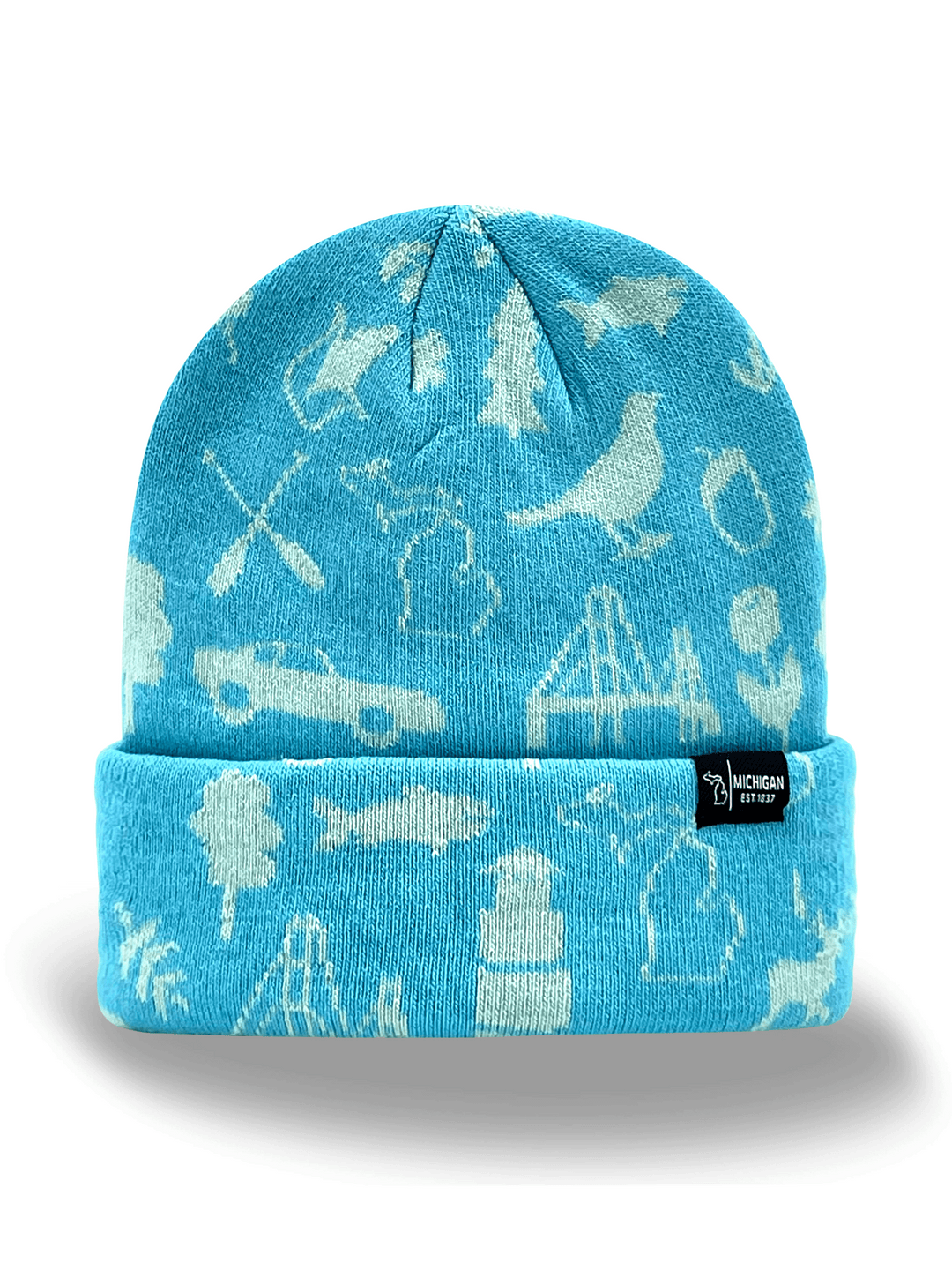 Michigan Knit Beanie Hat – State Icons, Winter Warm, Great Lakes Travel Souvenir Gift
