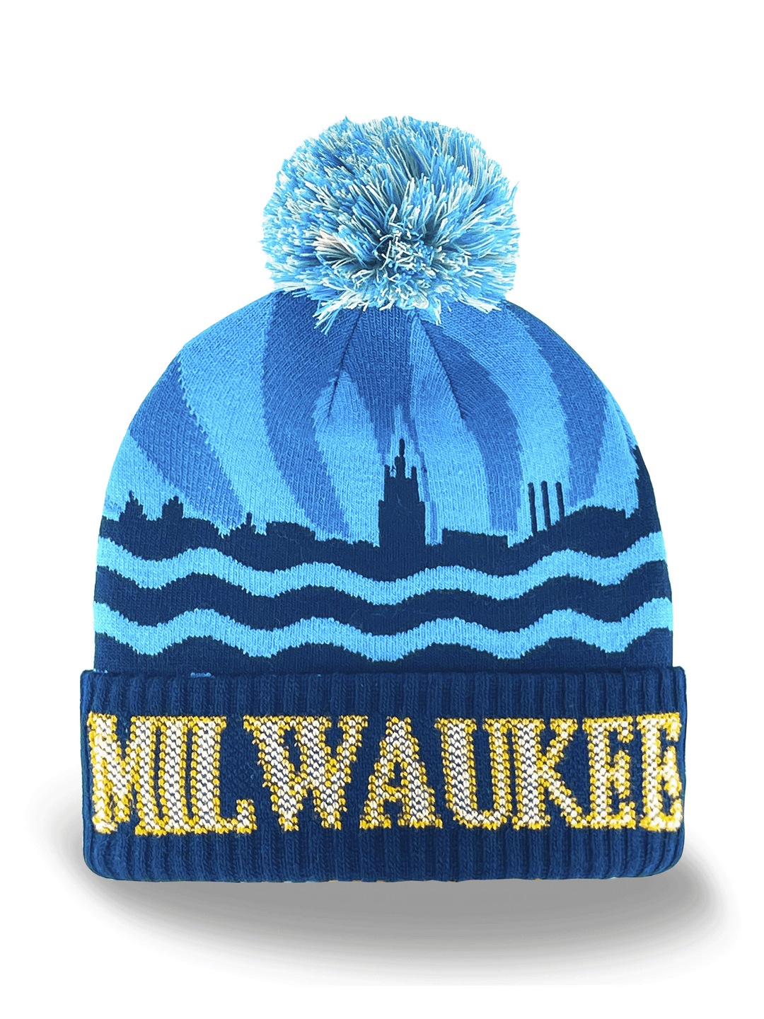 Milwaukee Knit Beanie Winter Hat with City Skyline Waves and Pom Pom