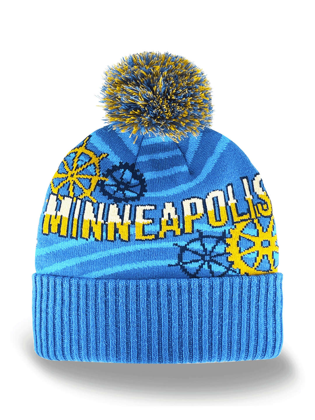 Minneapolis Knit Beanie Winter Hat with Pom Pom Gear Wheel City Souvenir