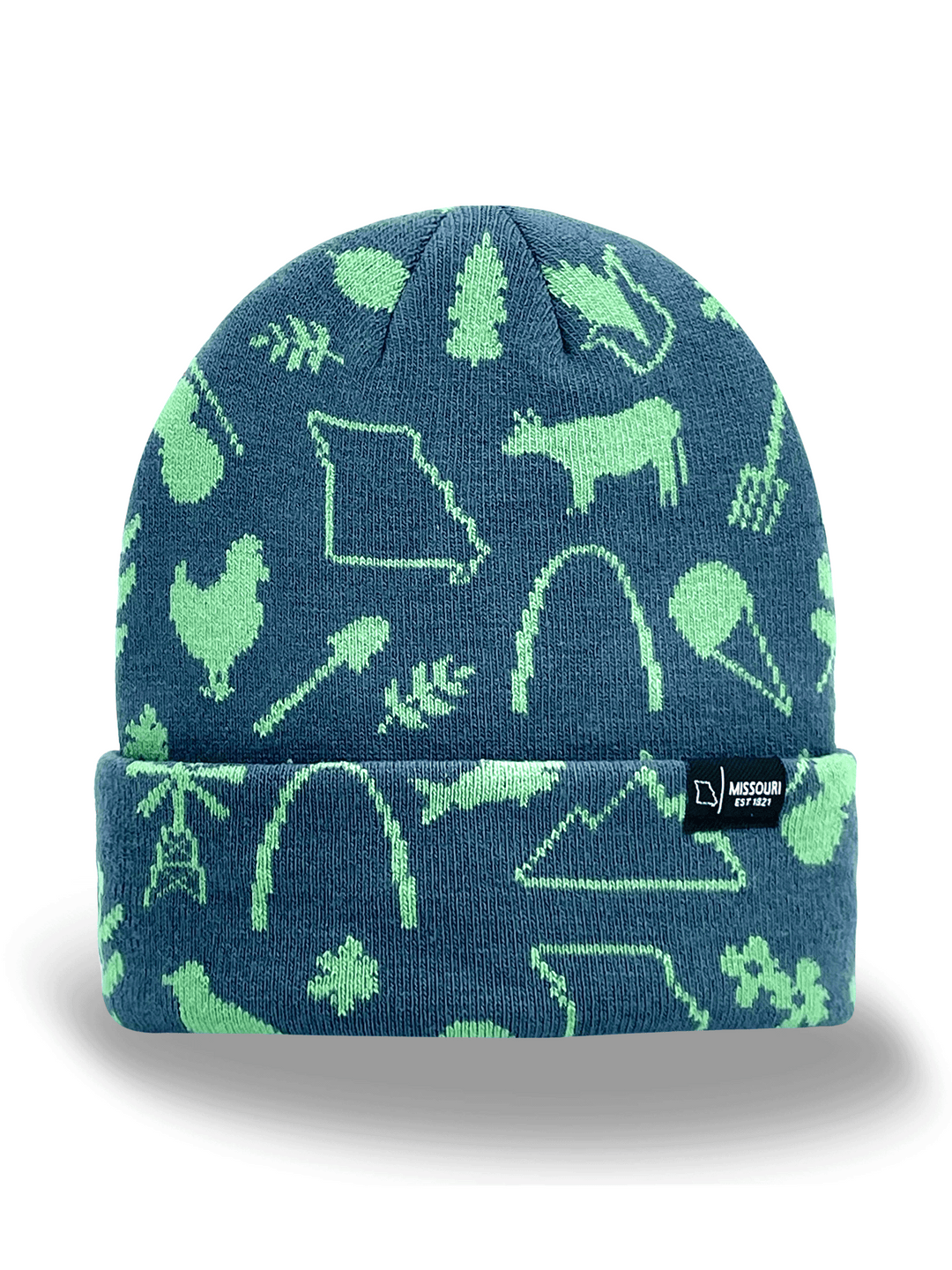Missouri State Knit Beanie Hat with Icons, Gateway Arch, Farm, and Outdoor Symbols