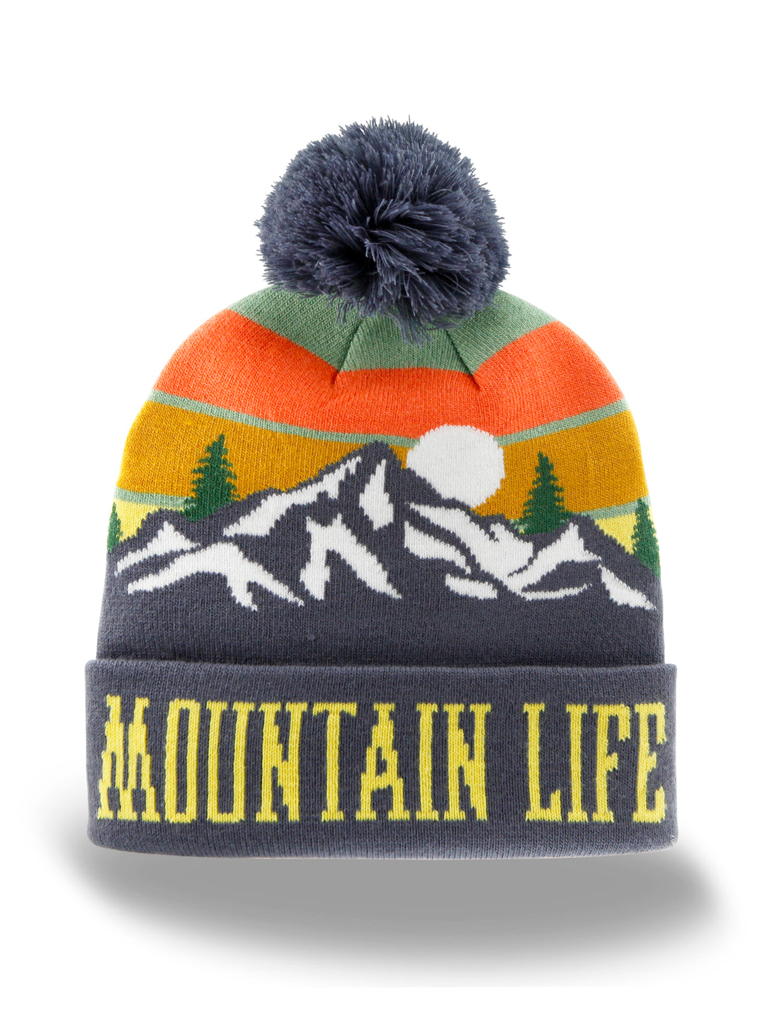 Mountain Life Knit Beanie Winter Hat with Pom Pom Outdoor Hiking Adventure Style