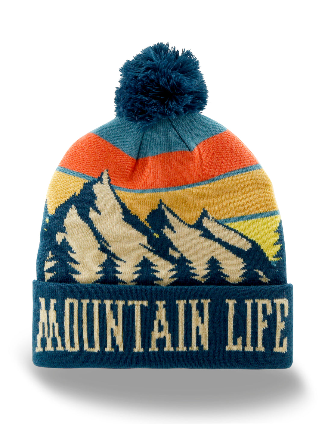Mountain Life Knit Beanie Hat with Pom | Winter Outdoor Hiking Camping Snow Cap