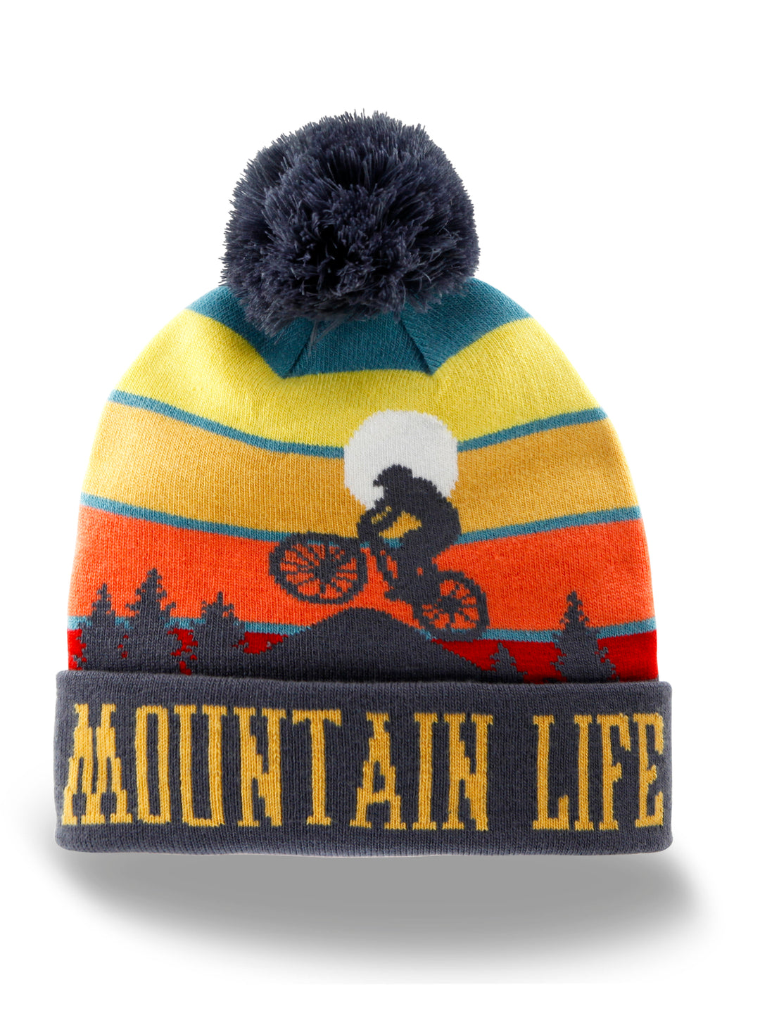 Mountain Life Knit Beanie with Pom Pom, Winter Hat for Hiking Cycling Outdoor Adventure
