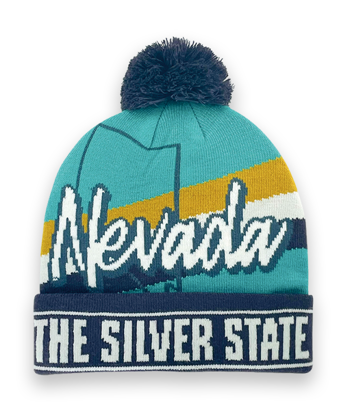 Nevada Knit Beanie Winter Hat with Silver State Design and Pom Pom