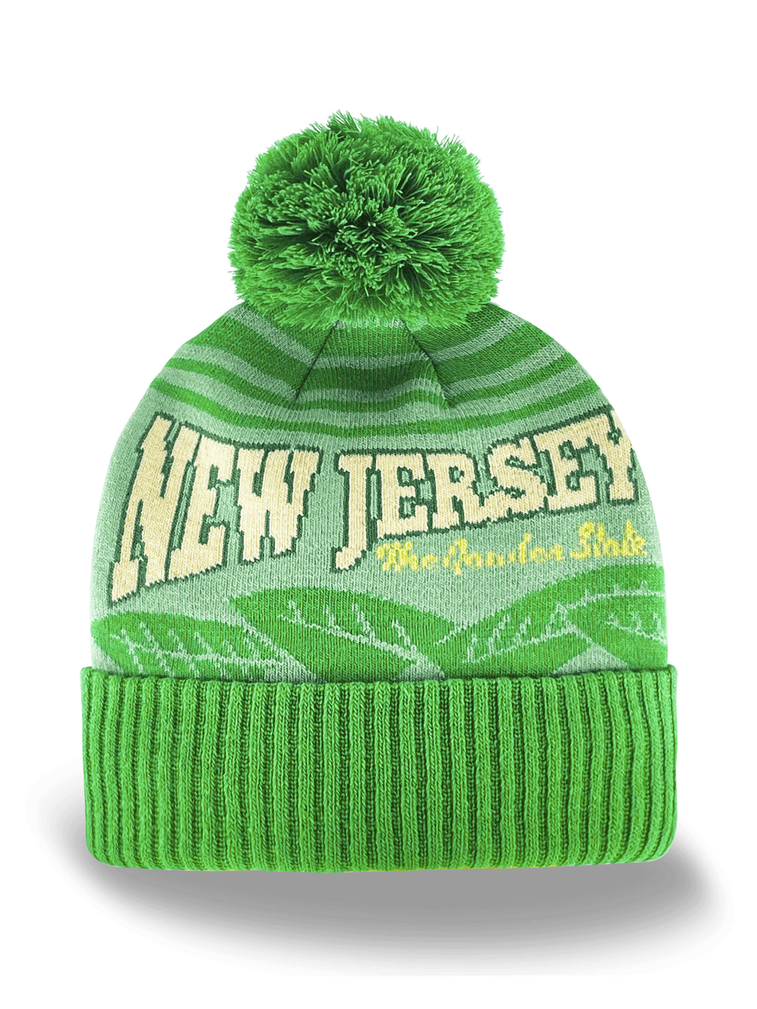 New Jersey Knit Beanie Winter Hat with Green Stripes Pom Pom Garden State