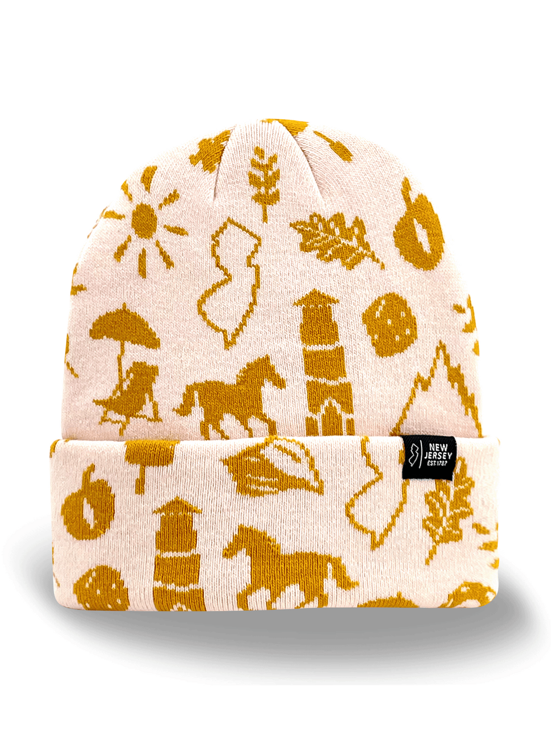 New Jersey Heritage Knit Beanie Winter Hat with Lighthouse and Beach Icons