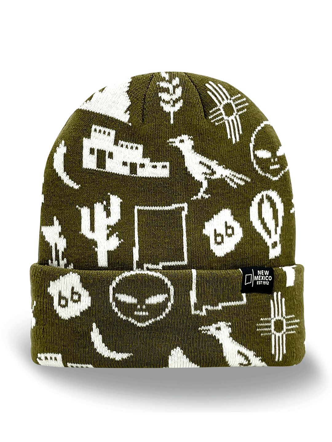 New Mexico Knit Beanie Hat – State Icons, Winter Warm, Southwest Travel Souvenir