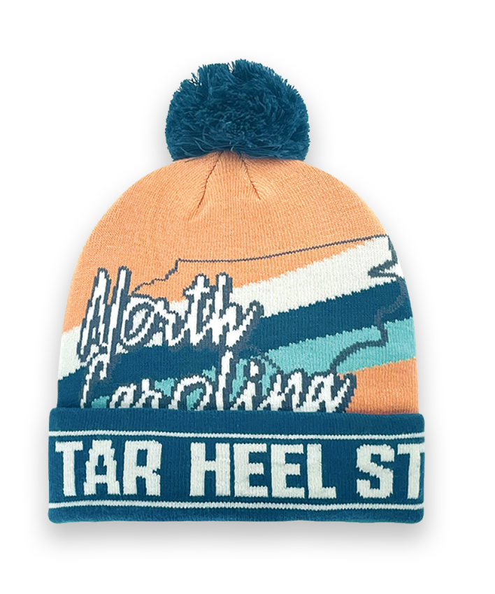North Carolina Knit Beanie Winter Hat with Tar Heel State Design Pom Pom