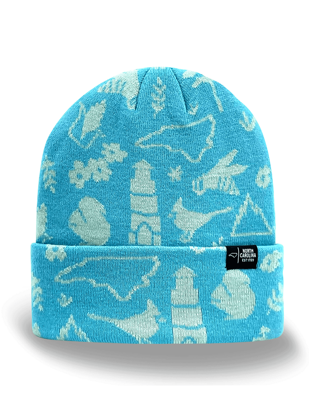 North Carolina Heritage Knit Beanie Winter Hat with Lighthouse and Wildlife Icons