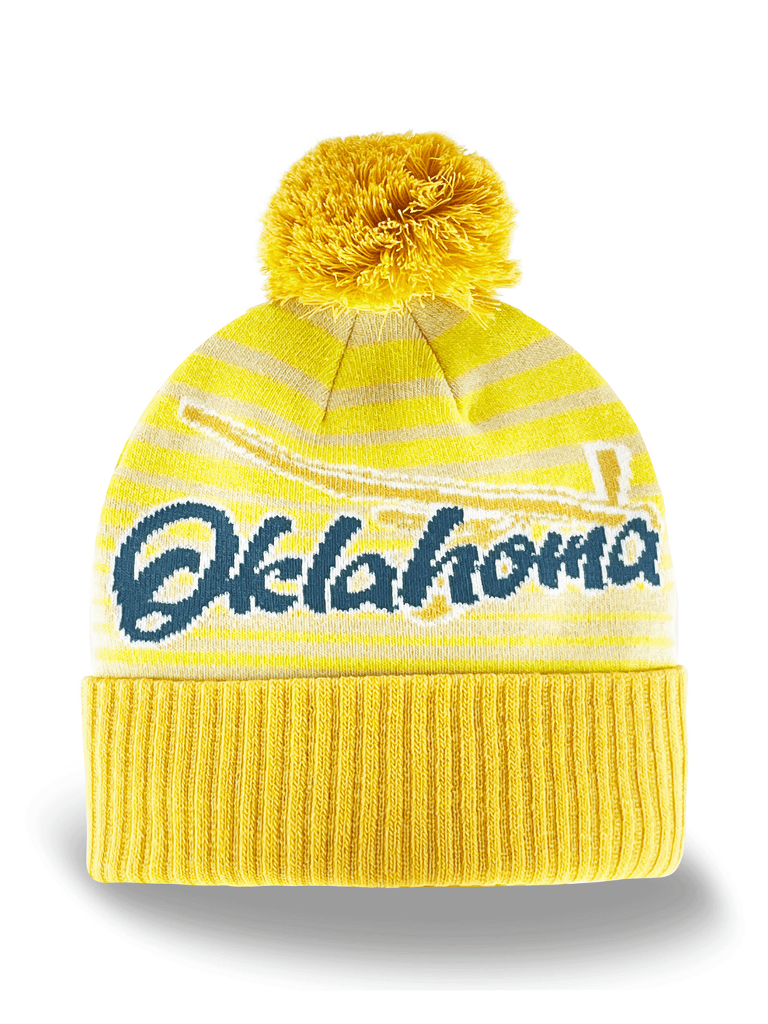 Oklahoma Knit Beanie Winter Hat with Yellow Stripes and Pom Pom
