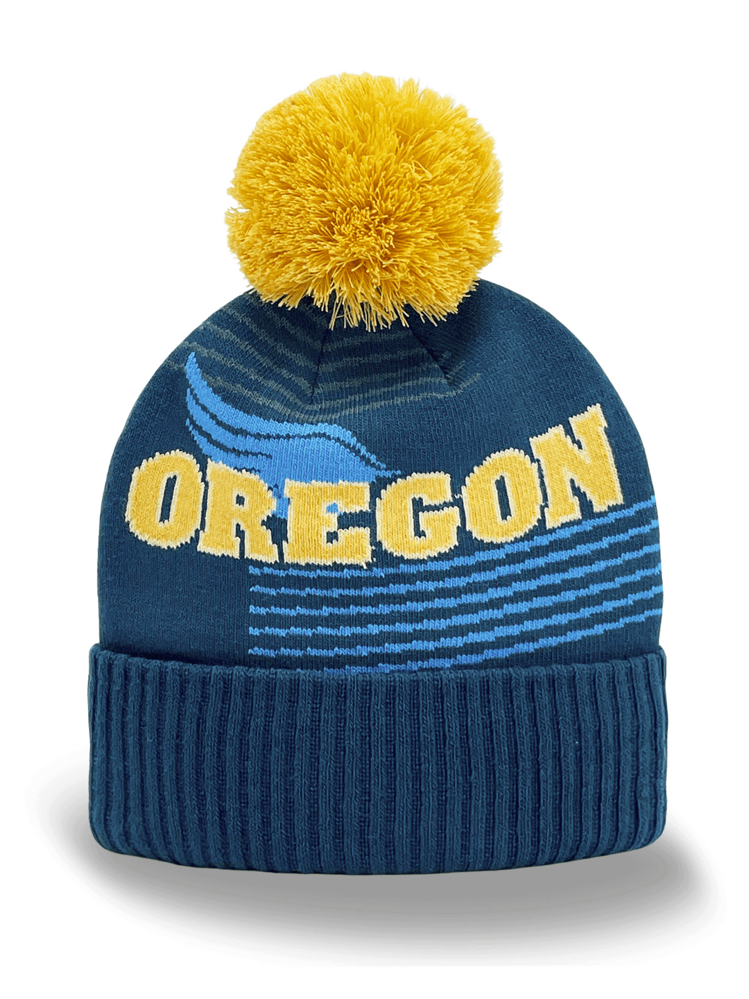 Oregon Knit Beanie Hat with Wave Stripe Pattern Winter Warm Pom Pom Cap
