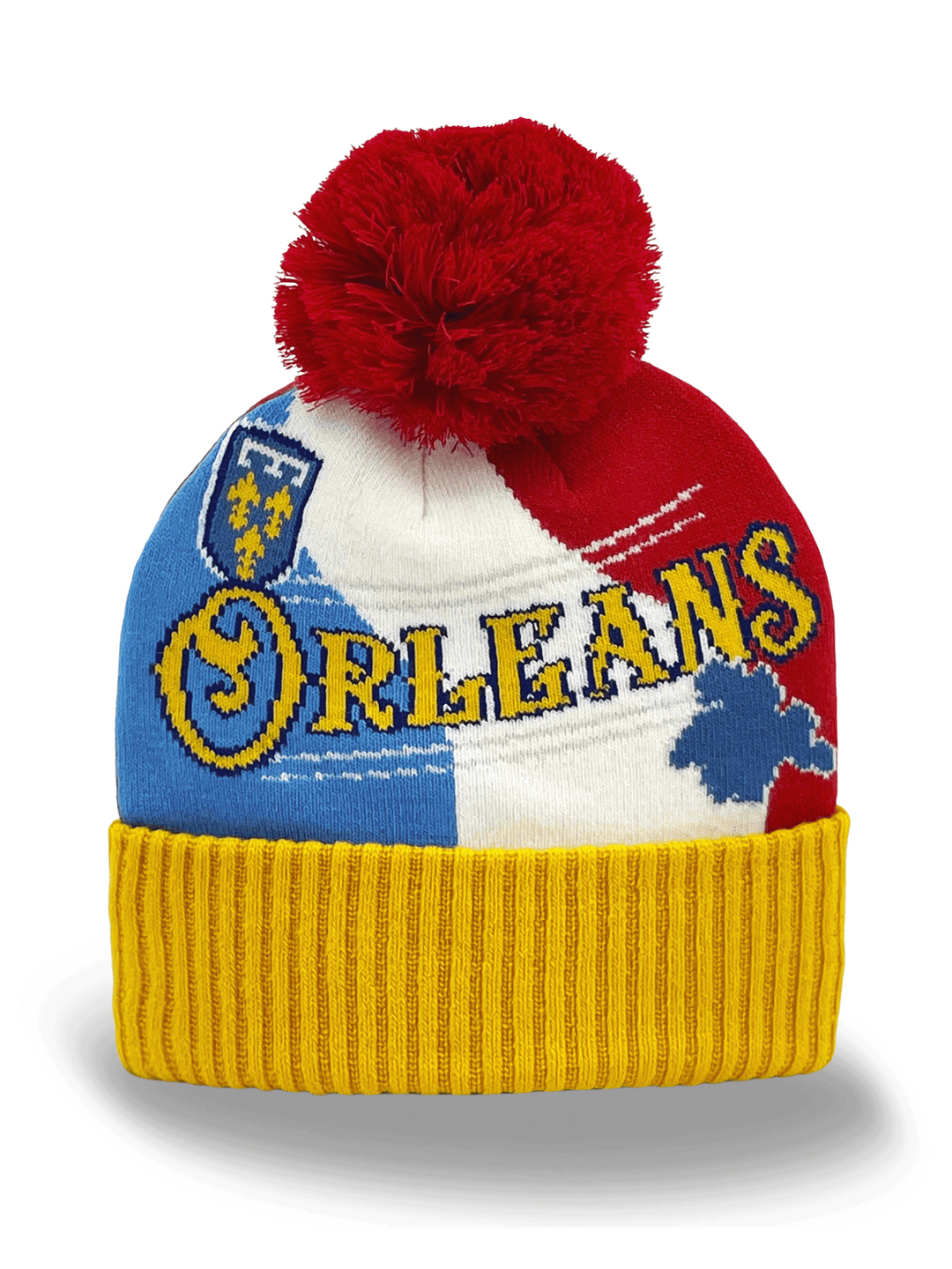 Orleans Knit Beanie Hat with Pom Pom, Color Block, Crest, and Bold Letter Design
