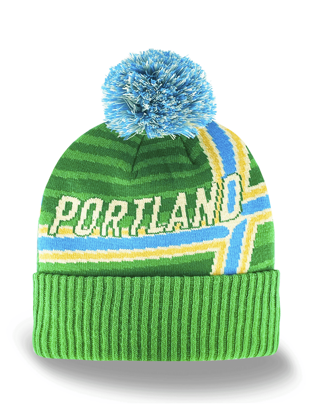 Portland Knit Beanie Winter Hat with City Flag Design and Blue Pom Pom