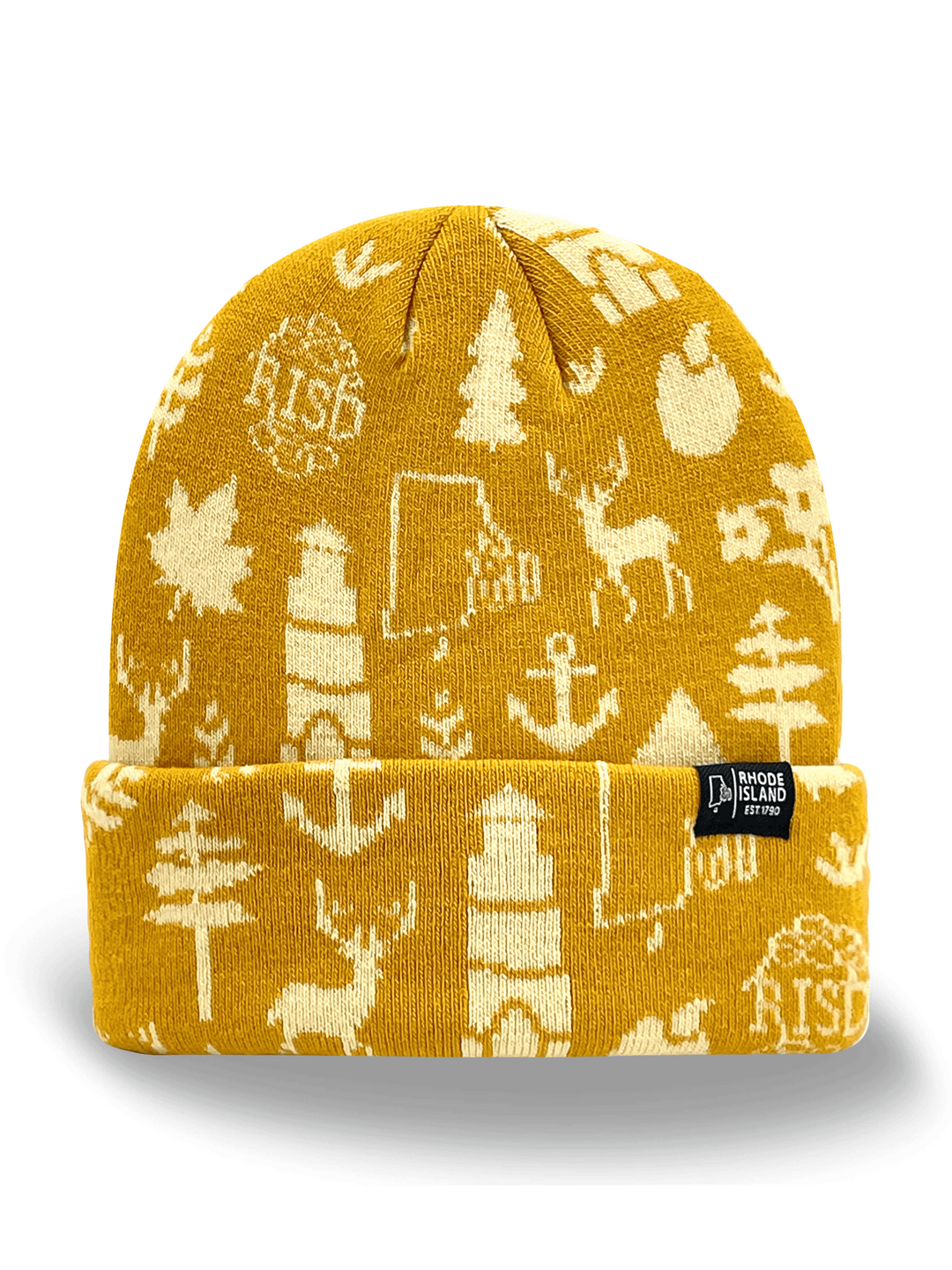 Rhode Island State Pattern Knit Beanie Winter Hat with Fold Over Cuff