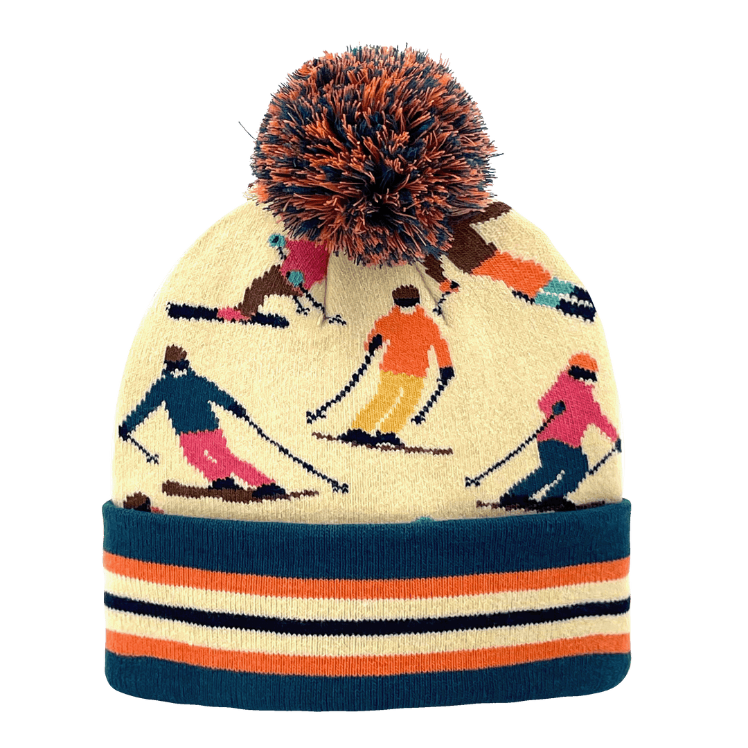 Colorful Skiers Pattern Winter Knit Beanie Hat with Pom Pom Top