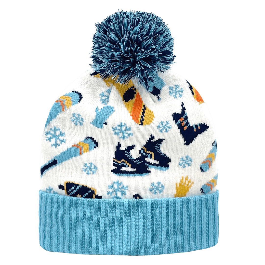 Snowboard Ski Theme Knit Beanie Hat with Colorful Winter Accessories Design