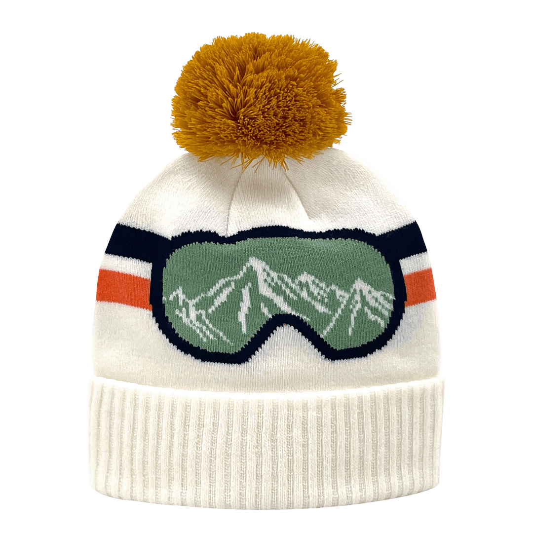 Vintage Ski Goggle Beanie Hat with Mountain View Pom Pom Knit Cap