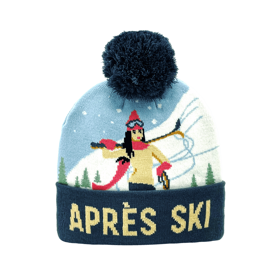 près Ski Pattern Knit Beanie Winter Hat with Pom Pom for Cold Weather