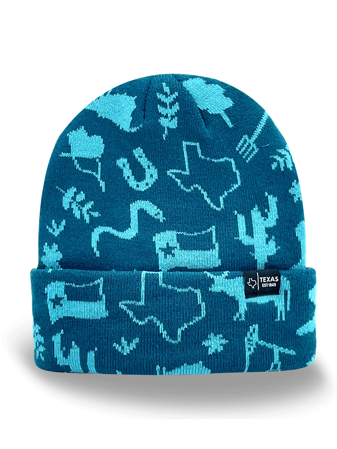 Texas State Icons Knit Beanie Hat with Cowboy Boots Horses and Lone Star Style