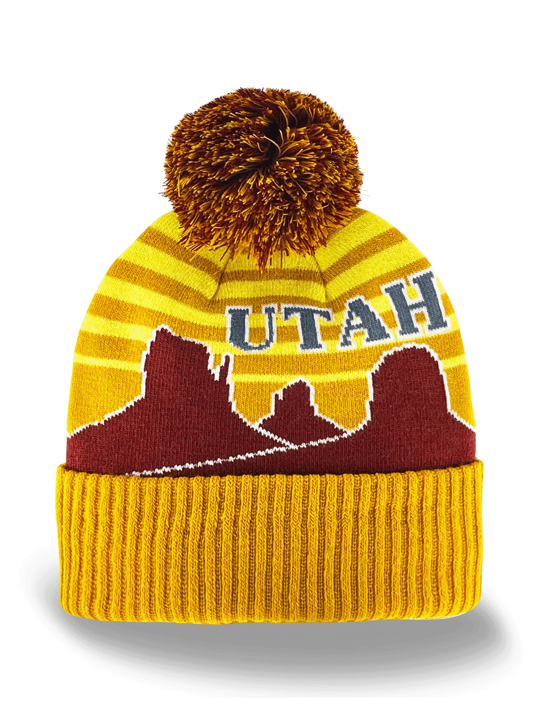 Utah Beanie Winter Knit Hat with Pom Pom Mountain Sunset Design