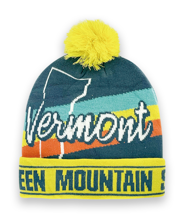 Vermont Knit Beanie Hat with Green Mountain State Design Winter Pom Pom Cap