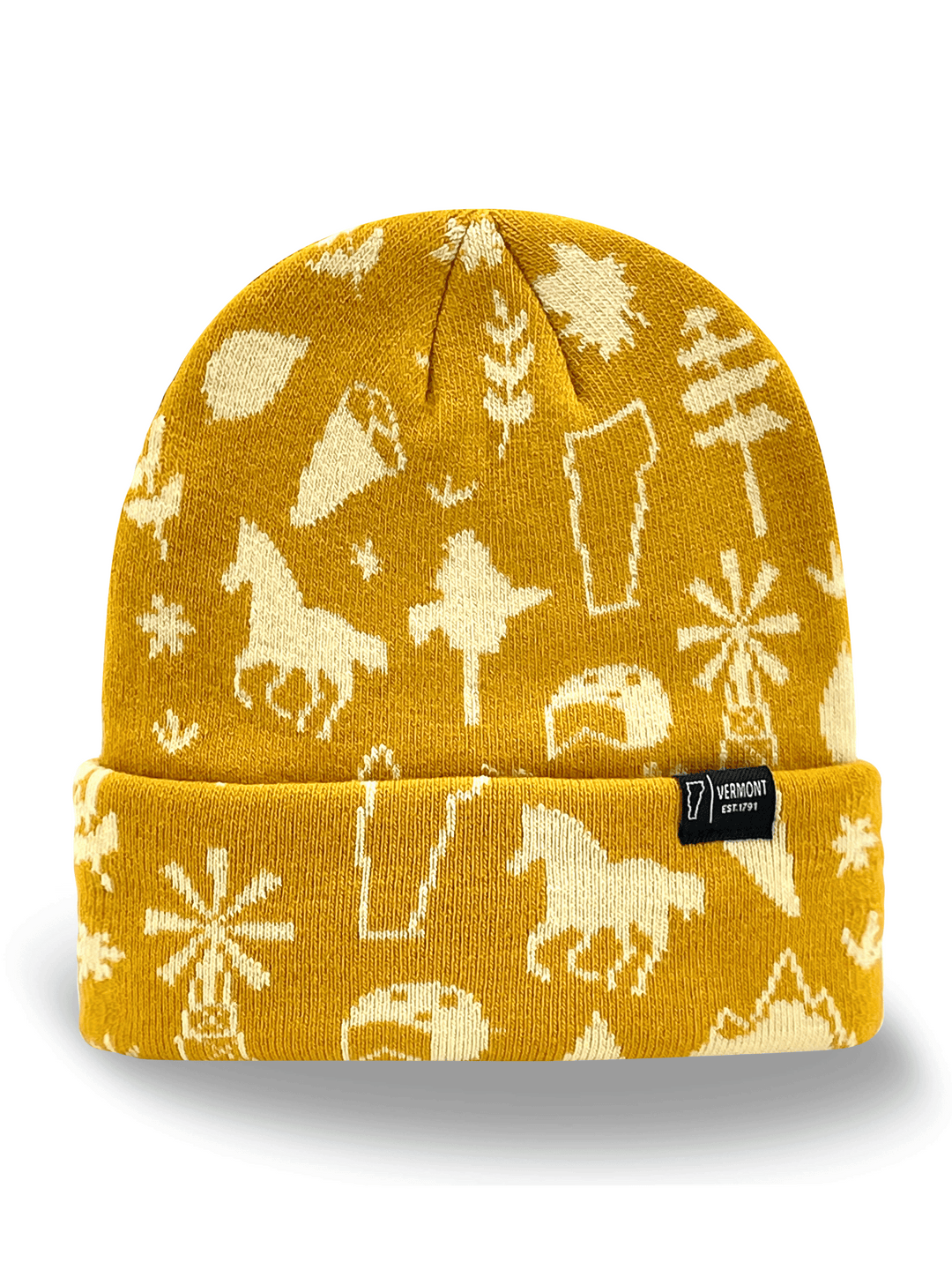 Vermont State Icons Knit Beanie Hat with Horses Trees and Outdoor Adventure Style