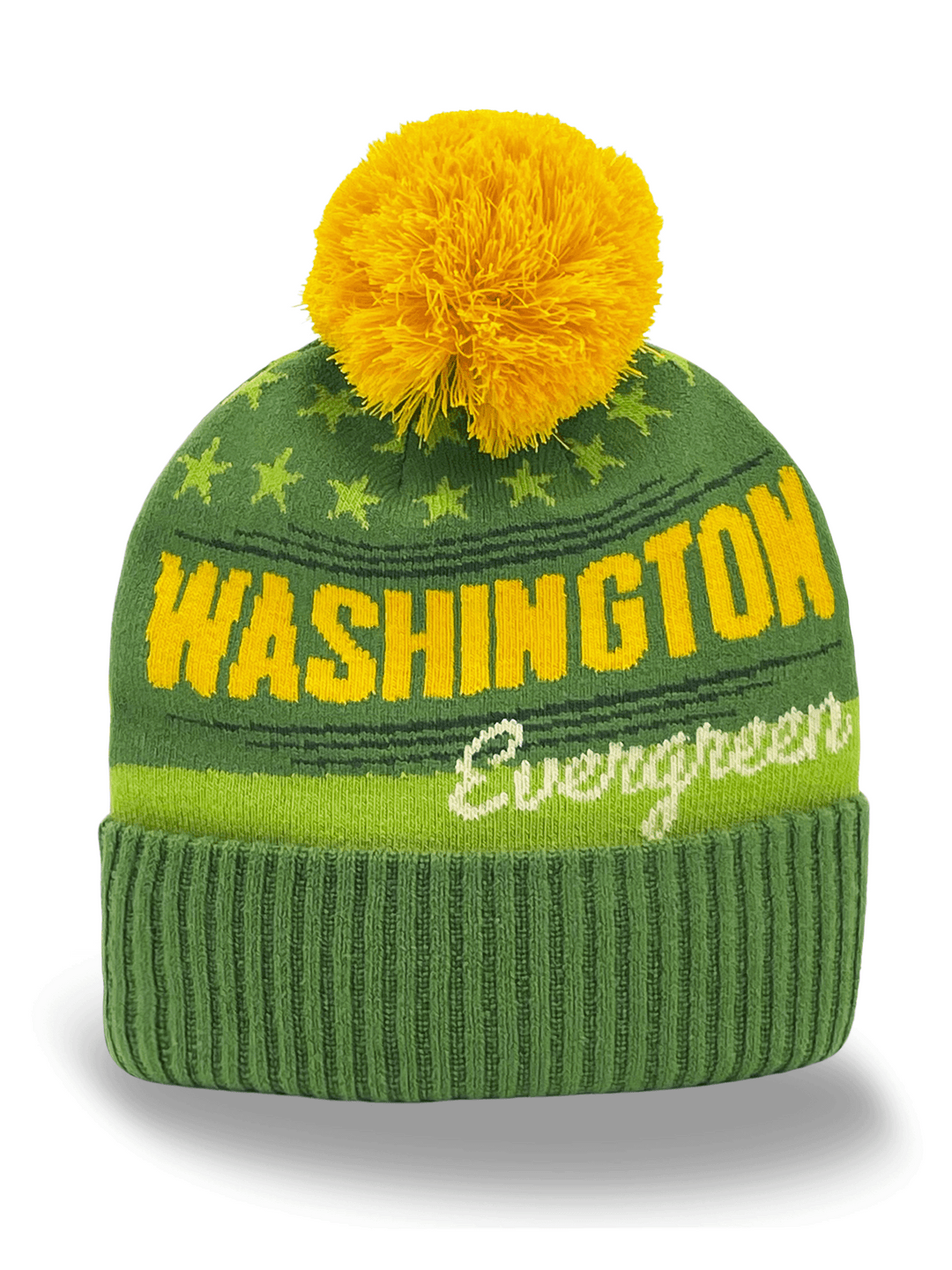 Washington Evergreen Knit Beanie Hat with Stars Pattern Winter Pom Pom Warm Cap