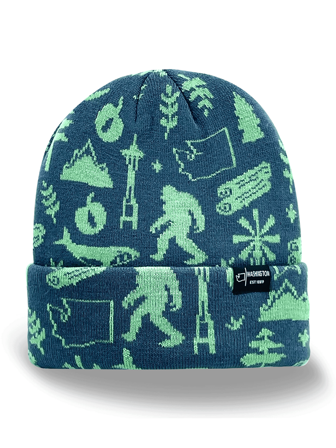 Washington State Knit Beanie Hat with Bigfoot Space Needle and Mountain Scene
