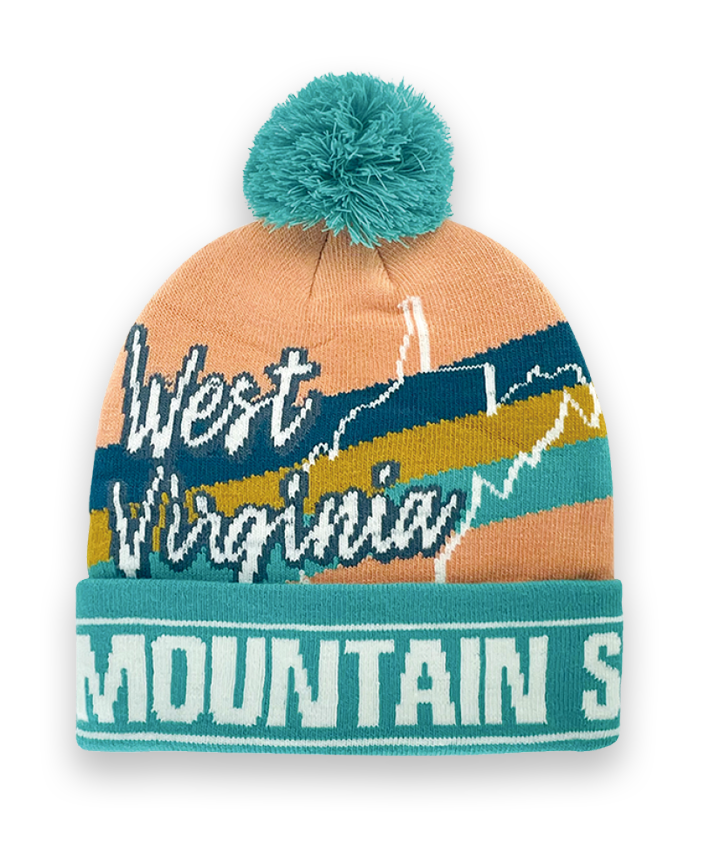 West Virginia Knit Beanie Winter Hat with Mountain State Design and Pom Pom