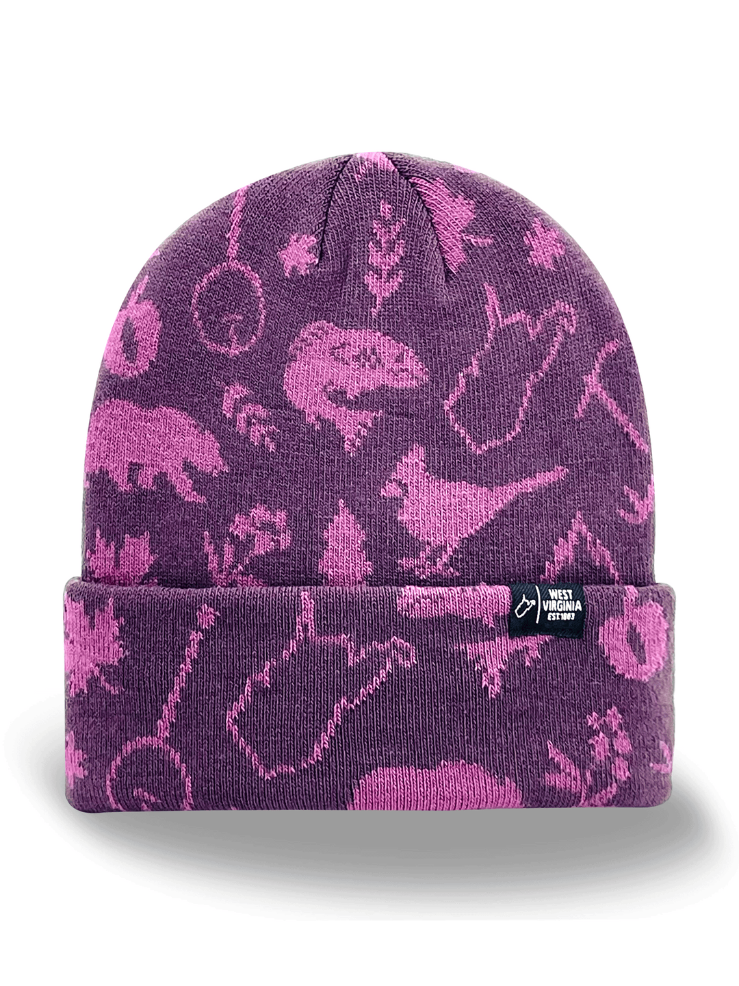 West Virginia State Pattern Knit Beanie Winter Hat with Fold Over Cuff