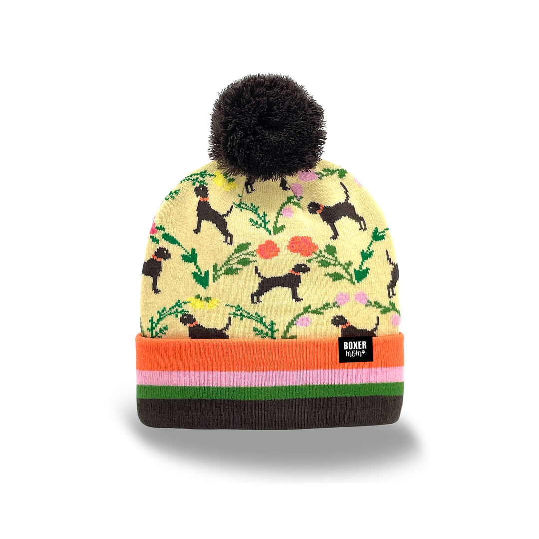 Boxer Dog Knit Beanie with Pom Pom Colorful Floral Design Warm Winter Hat